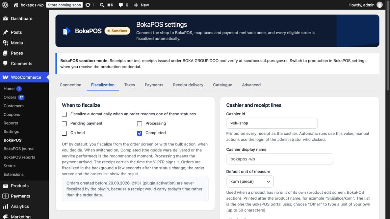 The Fiscalization tab of the BokaPOS plugin in WooCommerce settings