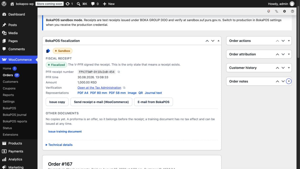 A confirmed fiscal receipt, verification link and PDF on a WooCommerce order